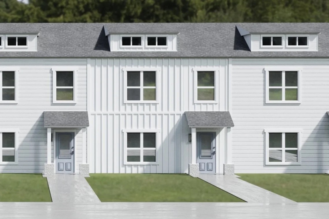Rendering of two-story white townhomes with board-and-batten siding and covered front stoops