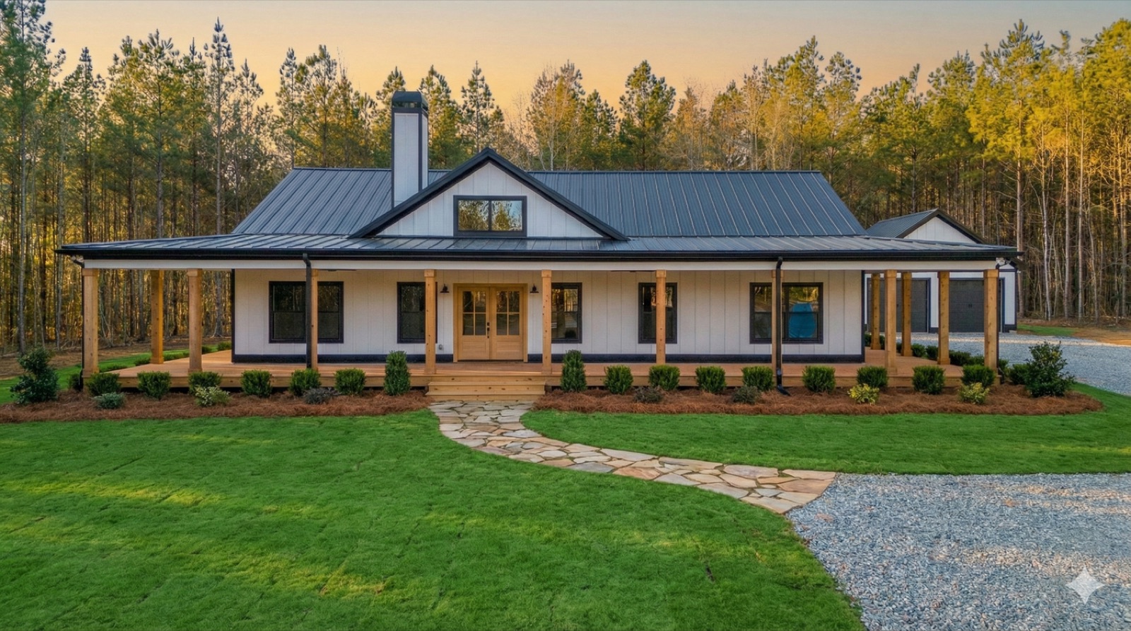 White modern farmhouse with a black metal roof and stone walkway at dusk